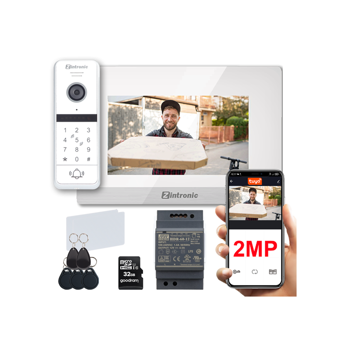 Zestaw Wideodomofonowy 2MPx Zintronic Biały + 2x Karta RFID + 3x Brelok RFID + Karta SD 32GB